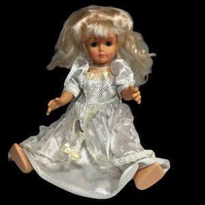 Vintage 1993 Cititoy Rubber Doll Blonde Girl Poseable White Satin Lace Dress 16"